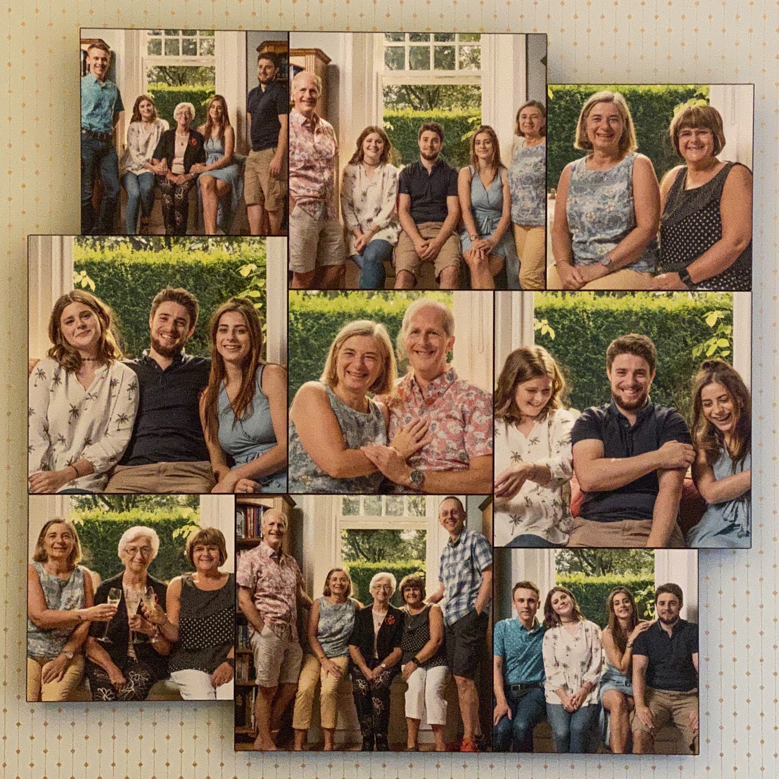 Ensemble on spotty wallpaper. A collection of 9 family photos together.